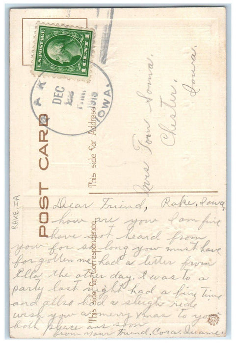 1915 Christmas Whreat Berries House Smoke Chimney Winter Rake Iowa IA Postcard