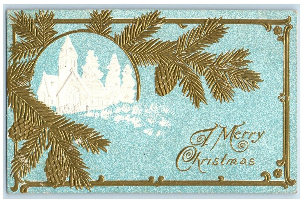 1911 Merry Christmas Church Scene Pine Cone Swanville Minnesota MN Postcard