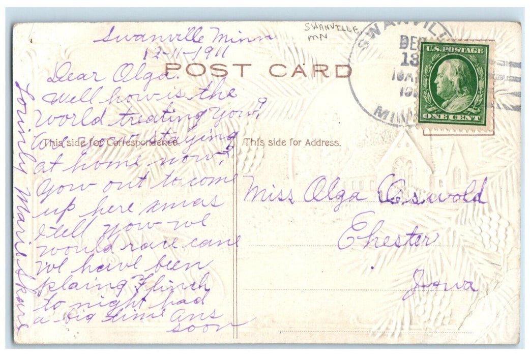 1911 Merry Christmas Church Scene Pine Cone Swanville Minnesota MN Postcard