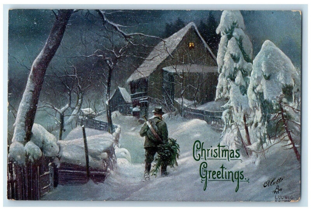 c1910's Christmas Greetings Winter Snowfall Pine Trees House Tuck's Postcard