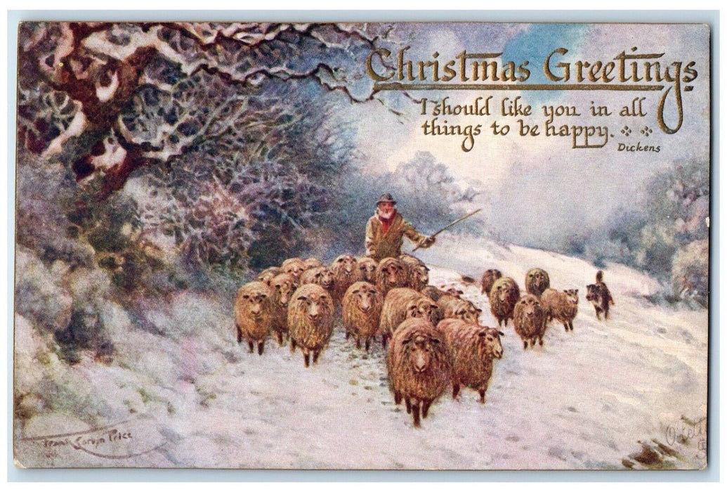 c1910's Christmas Greetings Man Grazing Sheep In Winter Oilette Tuck's Postcard