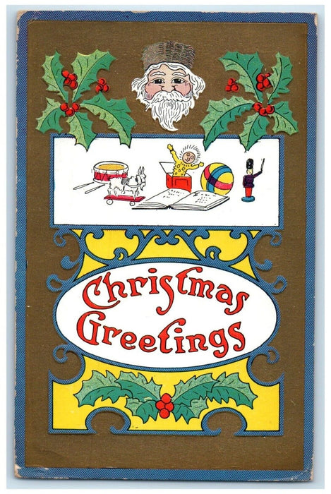 1909 Christmas Greetings Holly Berries Santa Toys Embossed Alpine CA Postcard