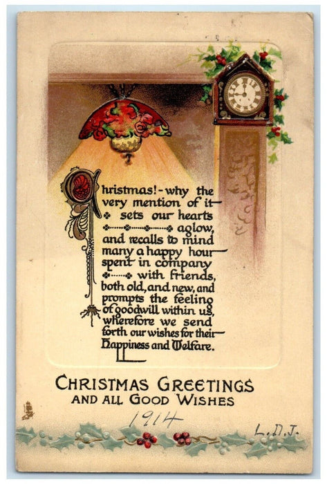 1914 Christmas Greetings Message Clock Berries Embossed Tuck's Antique Postcard