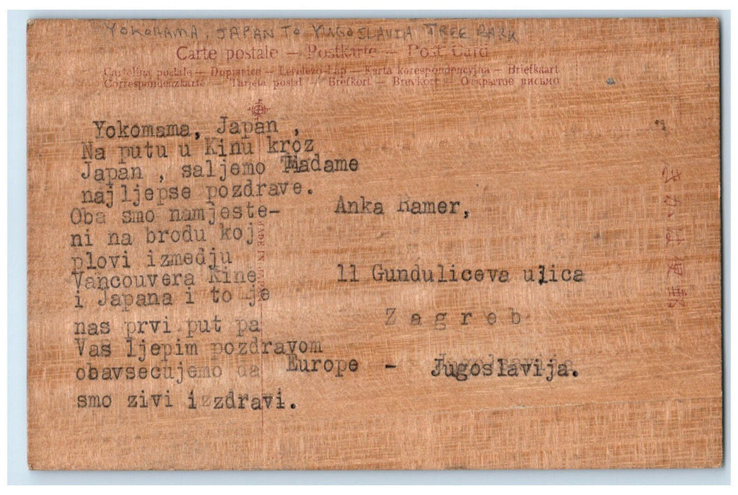 c1910 Yokohama Japan to Yugoslavia Tree Park Osaka Castle Osaka Japan Postcard