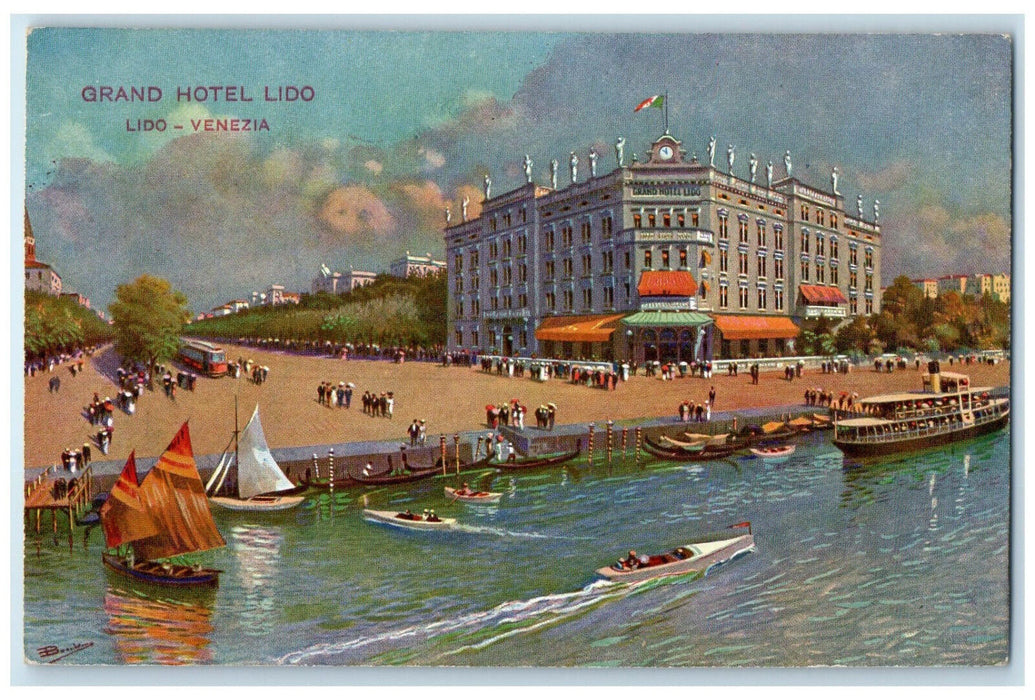 c1910 Grand Hotel Lido di Venezia Italy Steamboat Motorboat Bus Postcard
