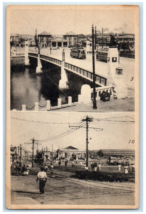 c1940's Yokohama Japan Trolley Car Railway Bridge Road Vintage Postcard