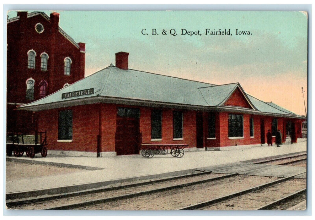 c1910's C B & Q Depot Station Railroad Train Fairfield Iowa IA Antique Postcard