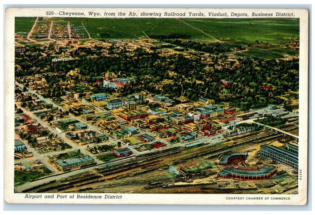 1941 Cheyenne WY From The Air Showing Railroad Yards Viaduct Depots Postcard