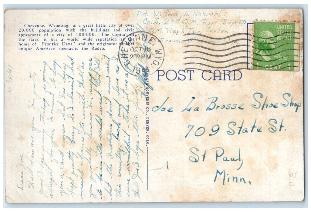1941 Cheyenne WY From The Air Showing Railroad Yards Viaduct Depots Postcard