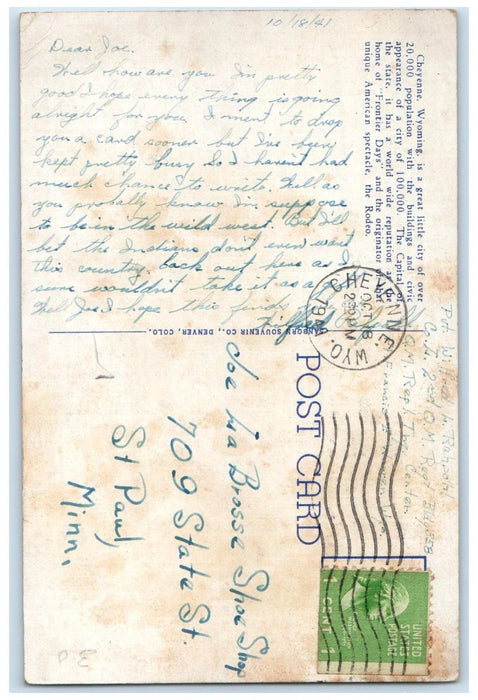 1941 Cheyenne WY From The Air Showing Railroad Yards Viaduct Depots Postcard