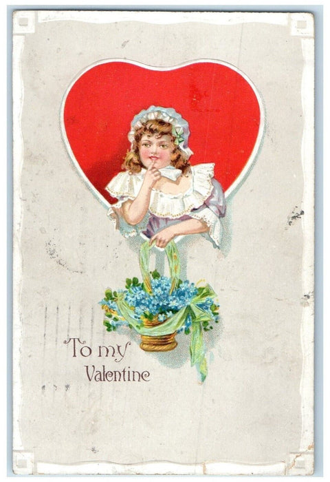 1912 Valentine Heart Girl With Flowers Basket Embossed Minneapolis MN Postcard