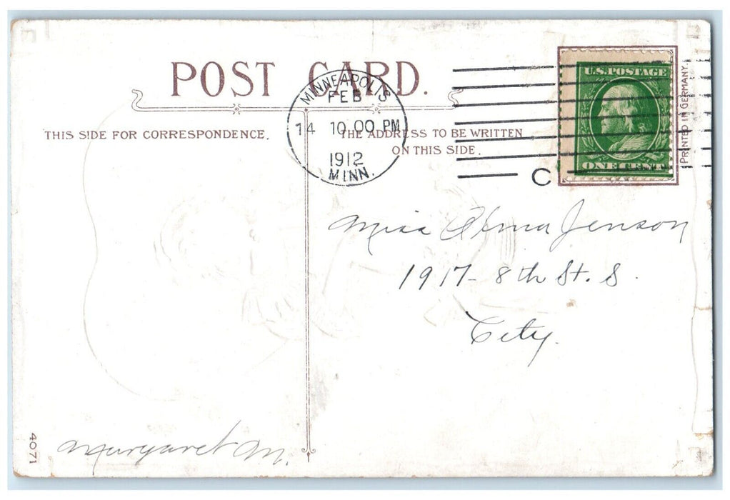 1912 Valentine Heart Girl With Flowers Basket Embossed Minneapolis MN Postcard