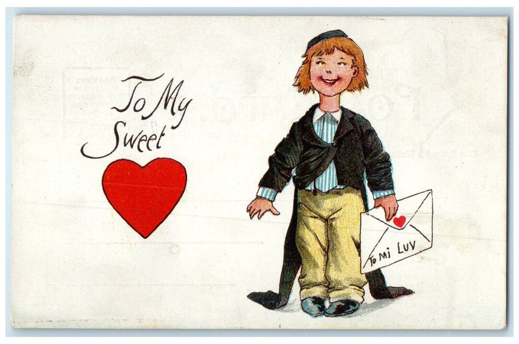 c1910's Valentine Heart Boy Holding Letter Posted Antique Postcard