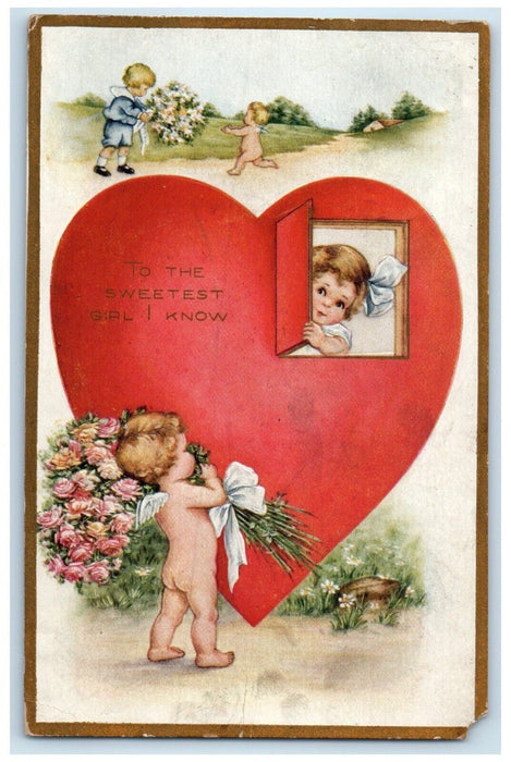 1919 Valentine Big Heart Cupid Angel With Flowers Bouquet Park River ND Postcard