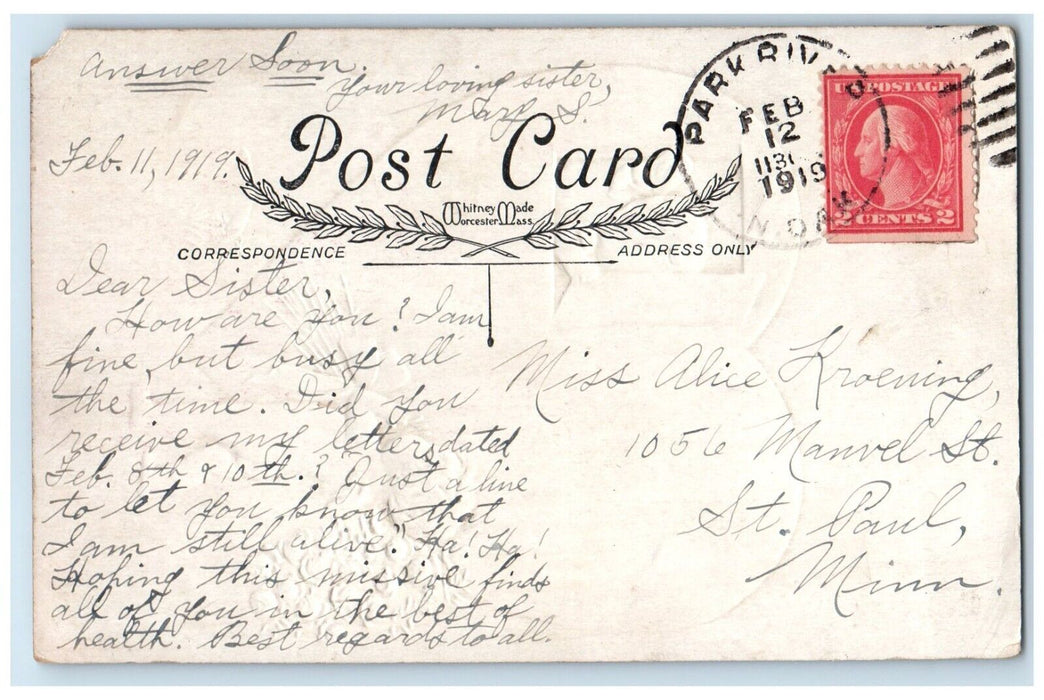 1919 Valentine Big Heart Cupid Angel With Flowers Bouquet Park River ND Postcard