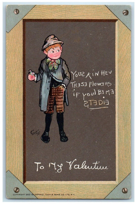 c1905 Valentine Boy With Flowers E Curtis Tuck's Unposted Antique Postcard