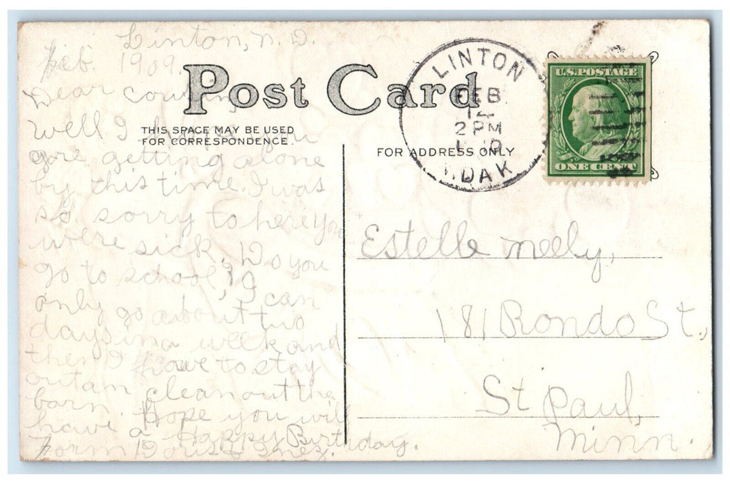 1909 Valentine Woman Hearts Cupid Angel Embossed Linton North Dakota ND Postcard