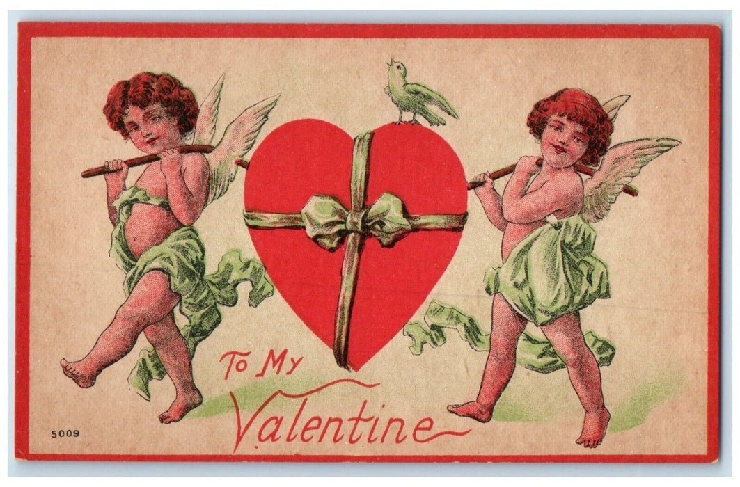 c1910's Valentine Cupid Angels With Heart Bird Unposted Antique Postcard
