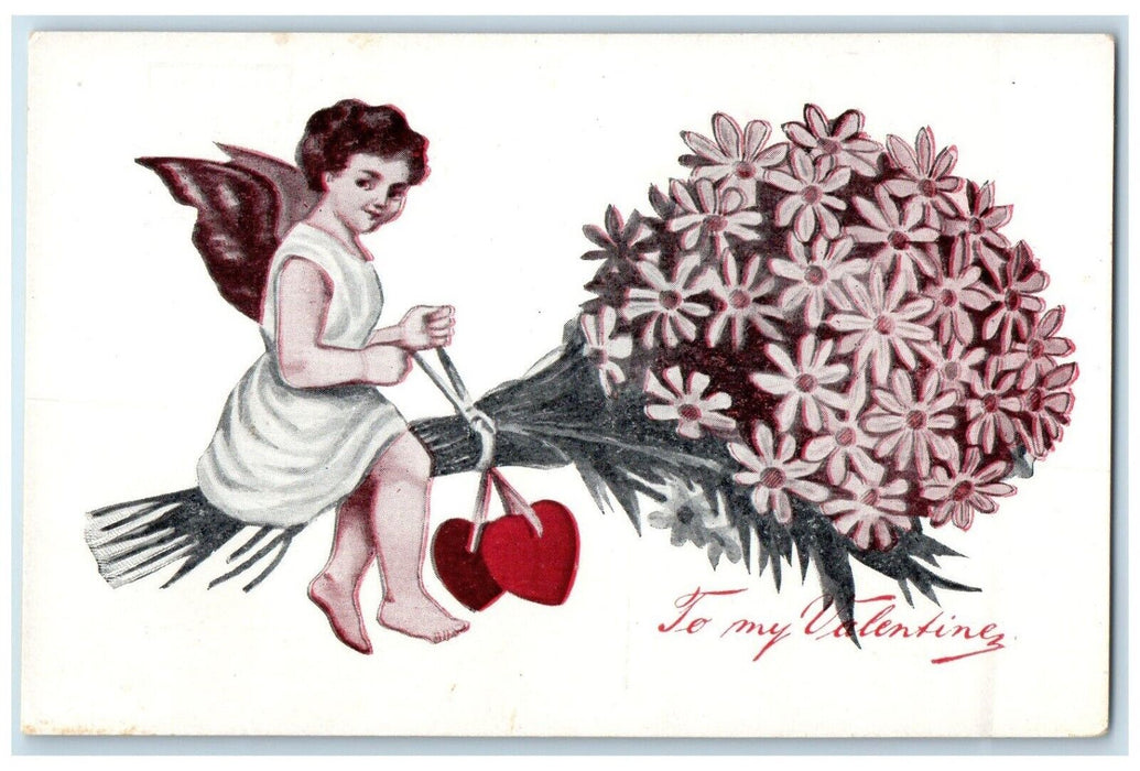 c1910's Valentine Hearts Cupid Angel With Bundle Of Flowers Antique Postcard