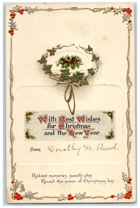 c1910's Christmas And New Year Holly Berries Embossed Posted Antique Postcard