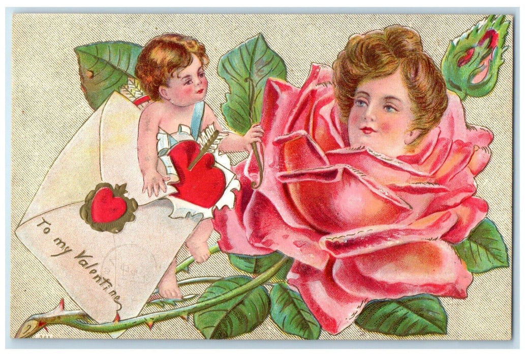 c1910's Valentine Cupid Angel Woman In Pink Flowers Embossed Antique Postcard