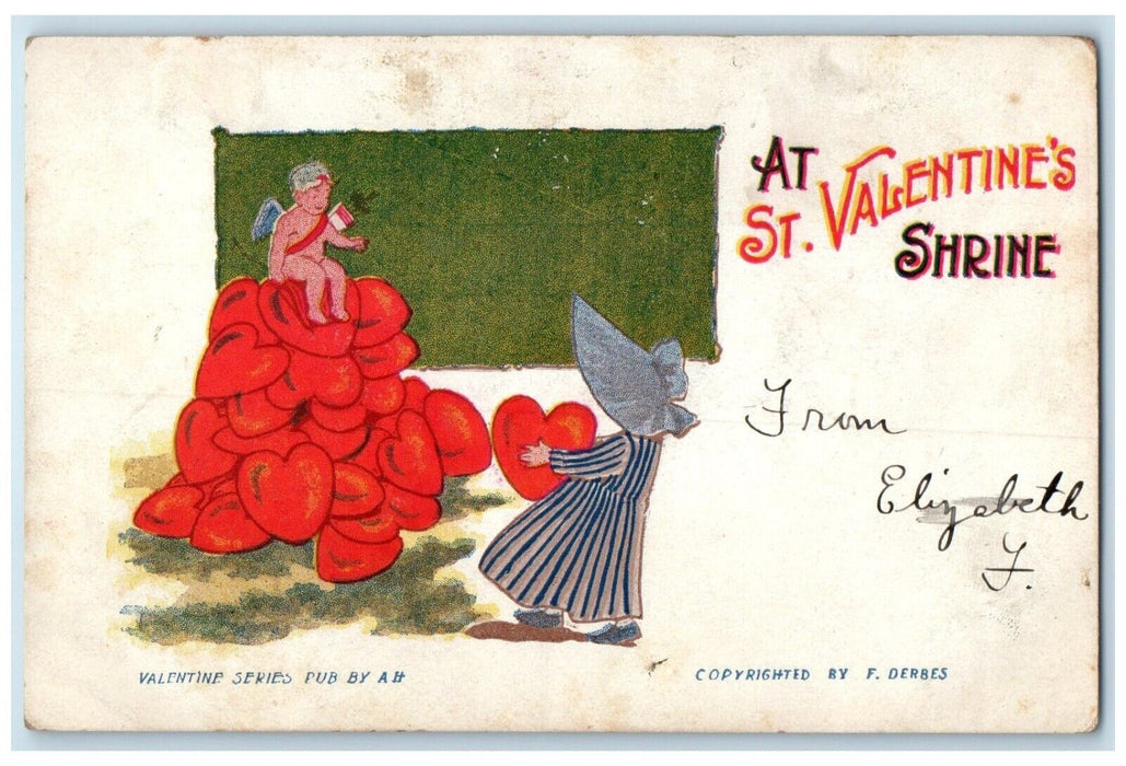 c1905 Valentine Shrine Cupid Angel Hearts Posted Antique Postcard