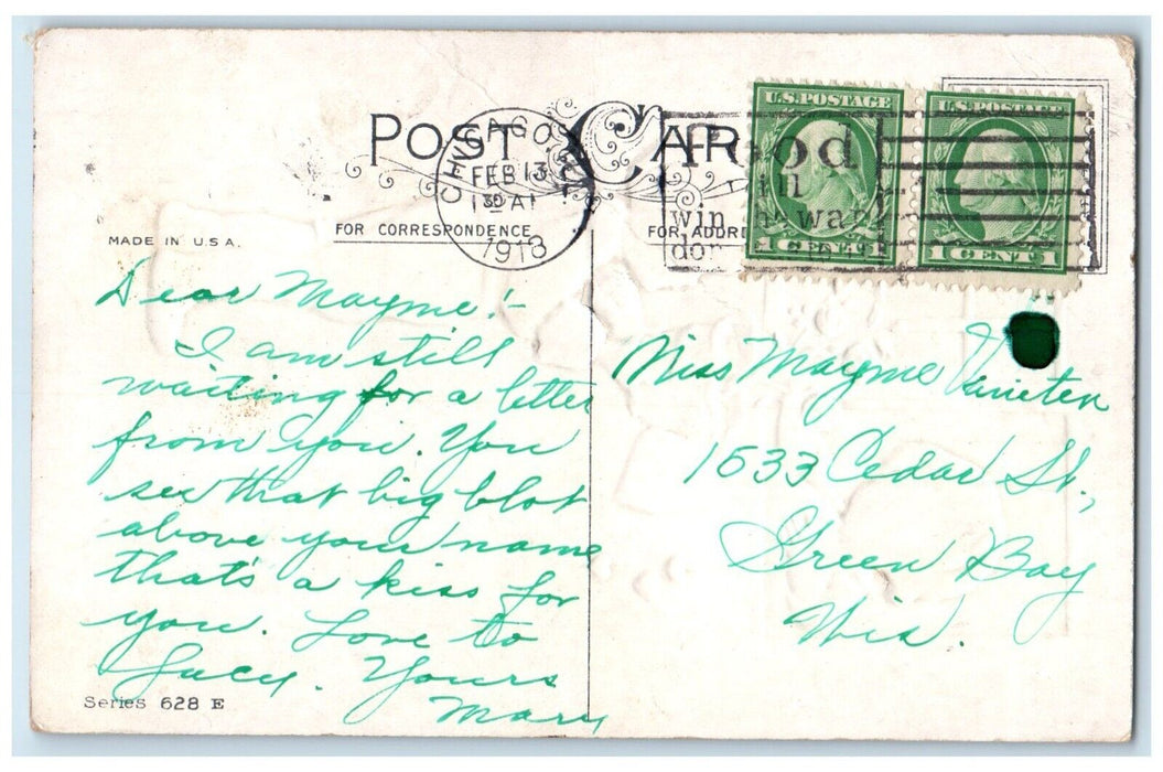 1918 Valentine Heart Roses Flowers Embossed Chicago Illinois IL Antique Postcard