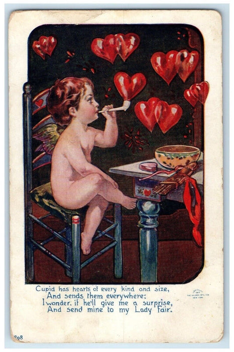 1910 Valentine Cupid Angel Pipe Hearts New London Minnesota MN Antique Postcard