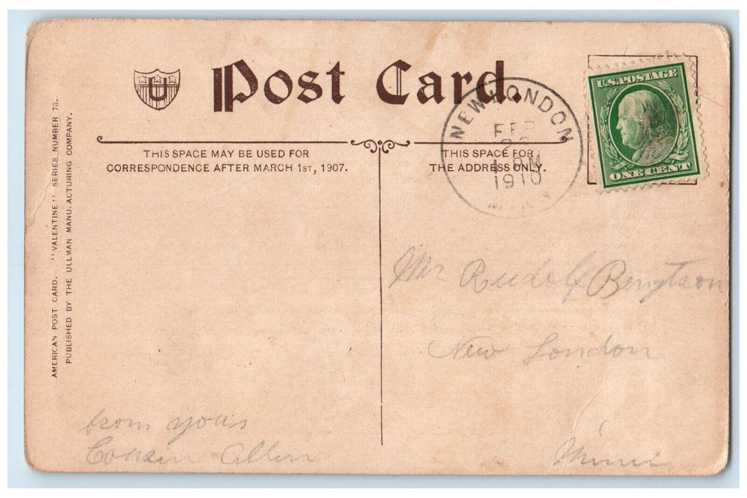 1910 Valentine Cupid Angel Pipe Hearts New London Minnesota MN Antique Postcard