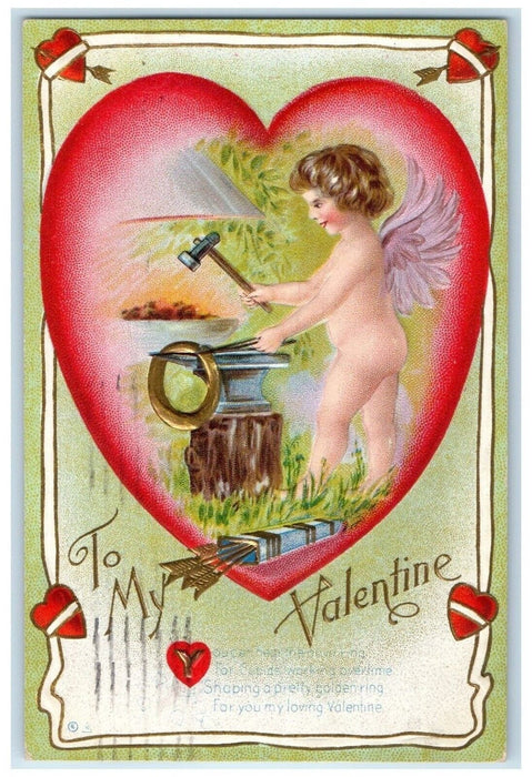 Valentine Cupid Angel Big Heart Black Smith Embossed Nash Oldtown ME Postcard