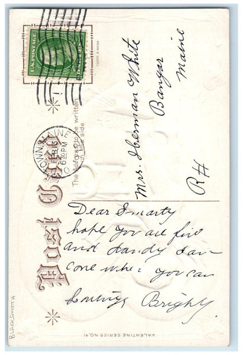 Valentine Cupid Angel Big Heart Black Smith Embossed Nash Oldtown ME Postcard