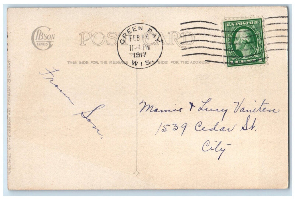 1917 Valentine Little Boy Sat On Sofa Floral Clover Gibson Green Bay WI Postcard
