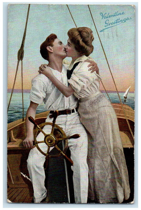 1909 Valentine Greetings Couple Kissing Romance Little Falls New York Postcard