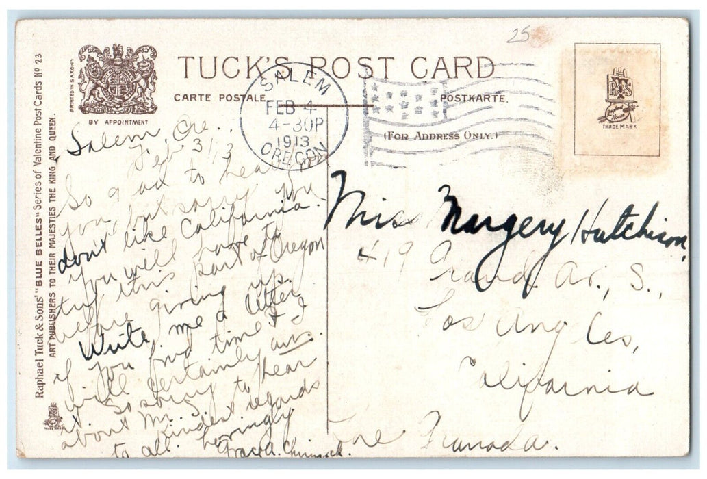 1913 Valentine Cute Girl Letter Embossed Salem Oregon OR Tuck's Antique Postcard