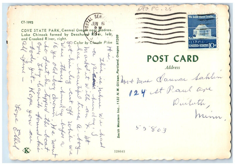 1970 River Cove State Park Lake Chinook Central Madras Deschutes Oregon Postcard