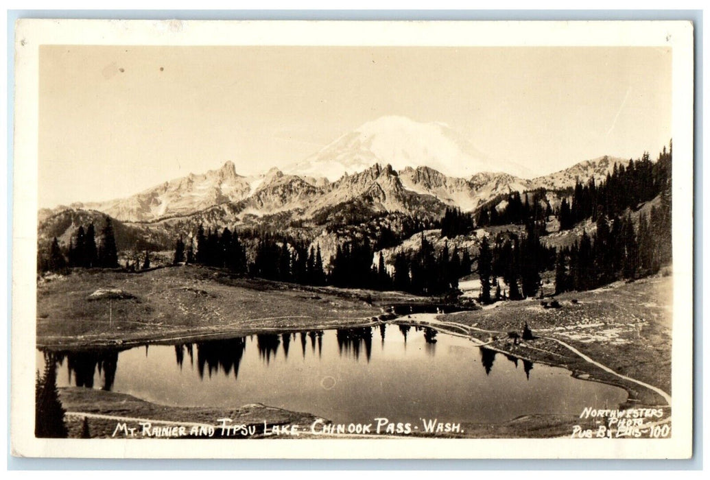 c1940s Mt. Rainier And Tipsu Lake Chinook Pass Washington WA RPPC Photo Postcard