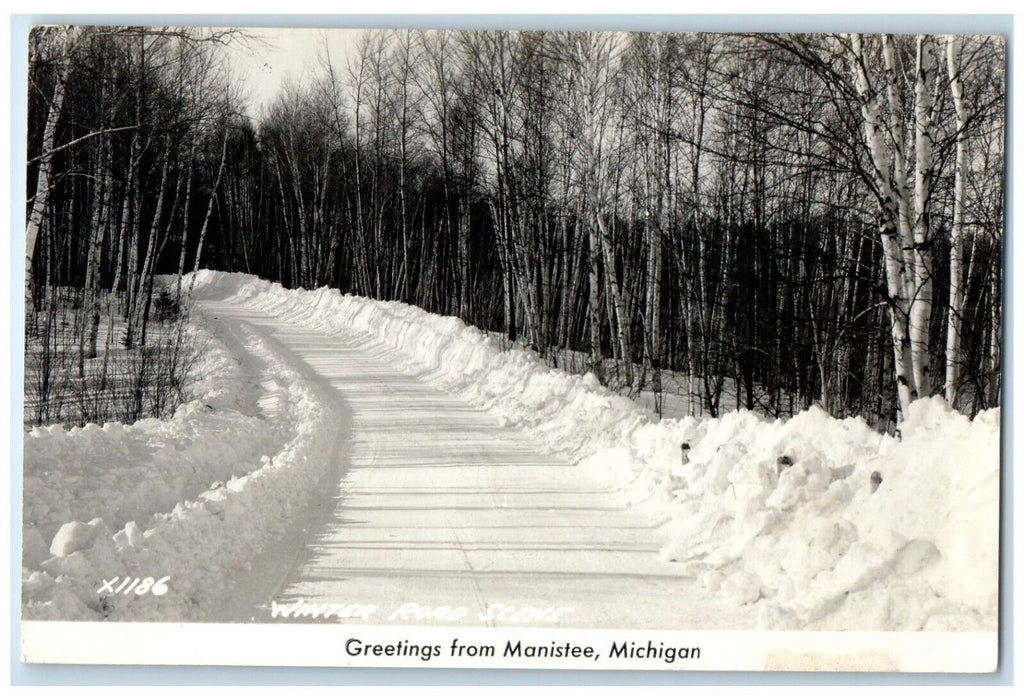 Winter Road Scene Greetings From Manistee Michigan MI RPPC Photo Postcard