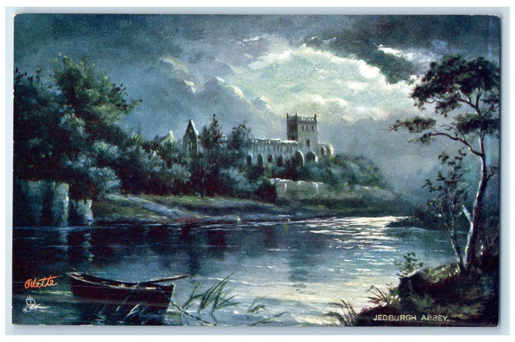 c1910 Boat Scene Moonlight Jedburgh Abbey Scotland Oilette Tuck Art Postcard