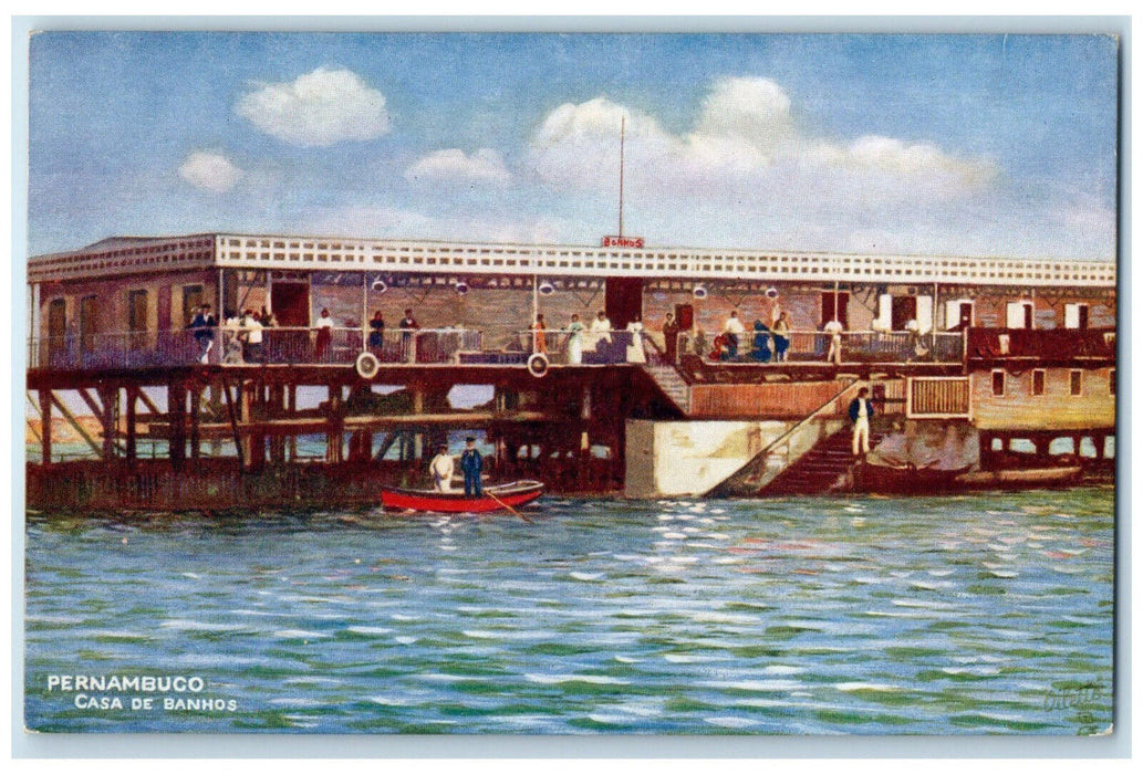 c1910 Boat Scene Bath House Pernambuco Brazil RMSP Oilette Tuck Art Postcard