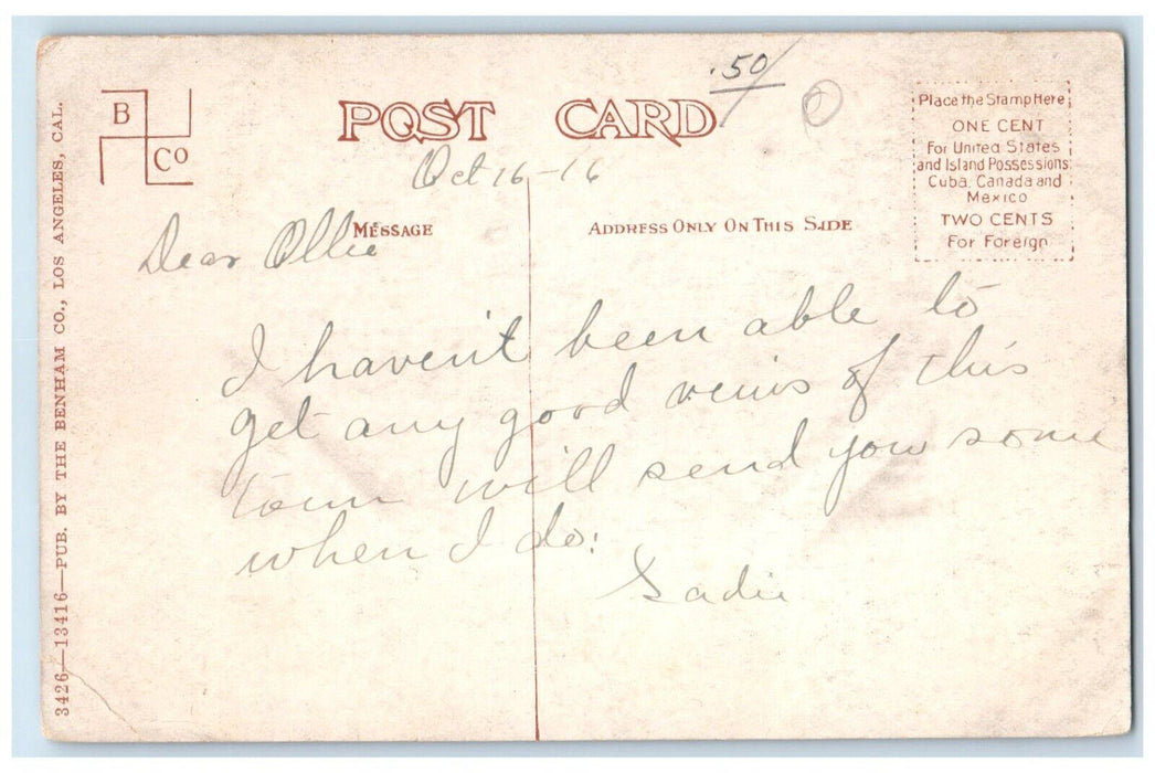 1916 View Of Whittier Park Whittier California CA Posted Antique Postcard