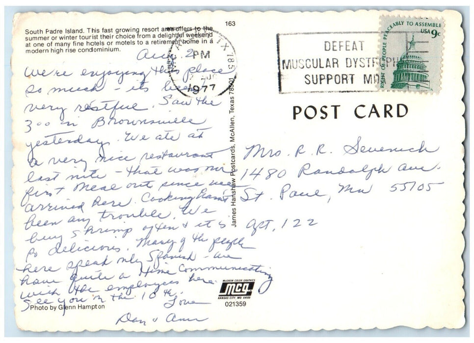 1977 Exterior Greetings From South Padre Island Resort Motel Texas TX Postcard