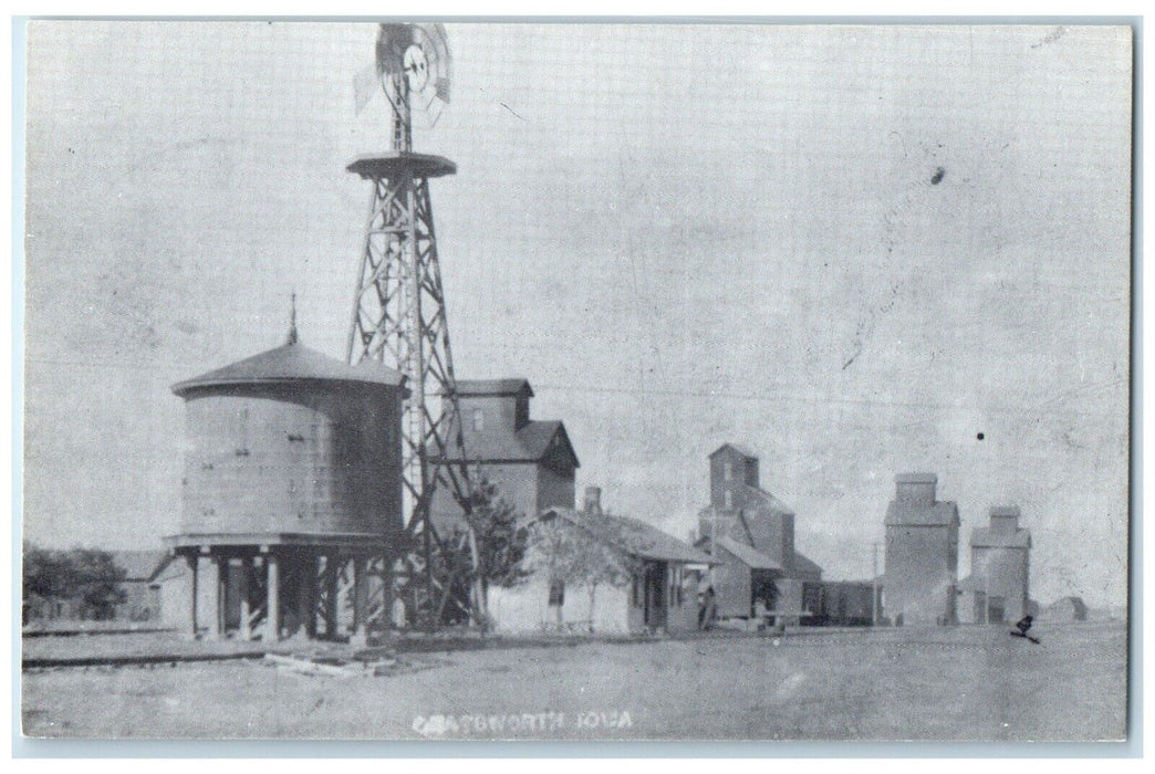 c1940 Railroad Water Tank Windmill Depot Elevators Chatsworth Iowa IA Postcard