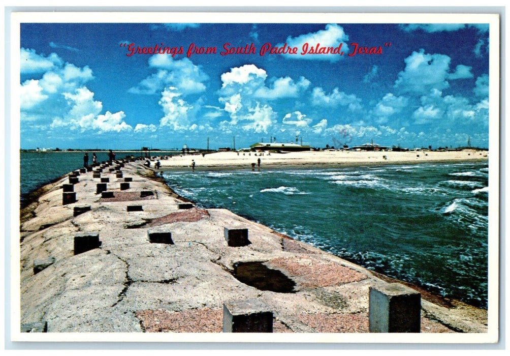 1960 Greetings From South Padre Island Jetties Surf Boarding Texas TX Postcard