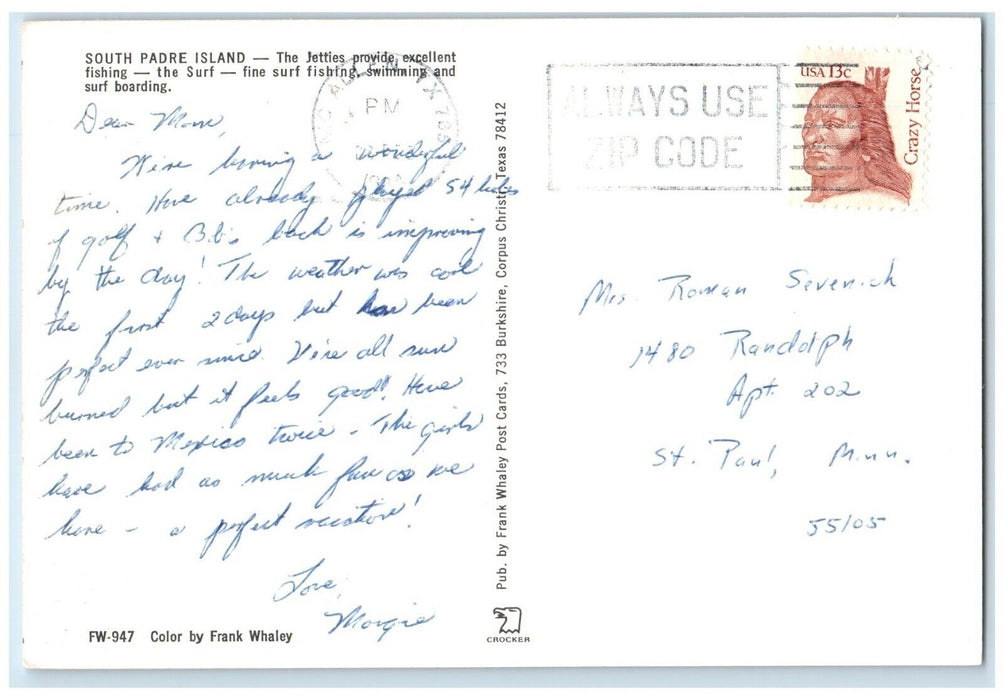 1960 Greetings From South Padre Island Jetties Surf Boarding Texas TX Postcard