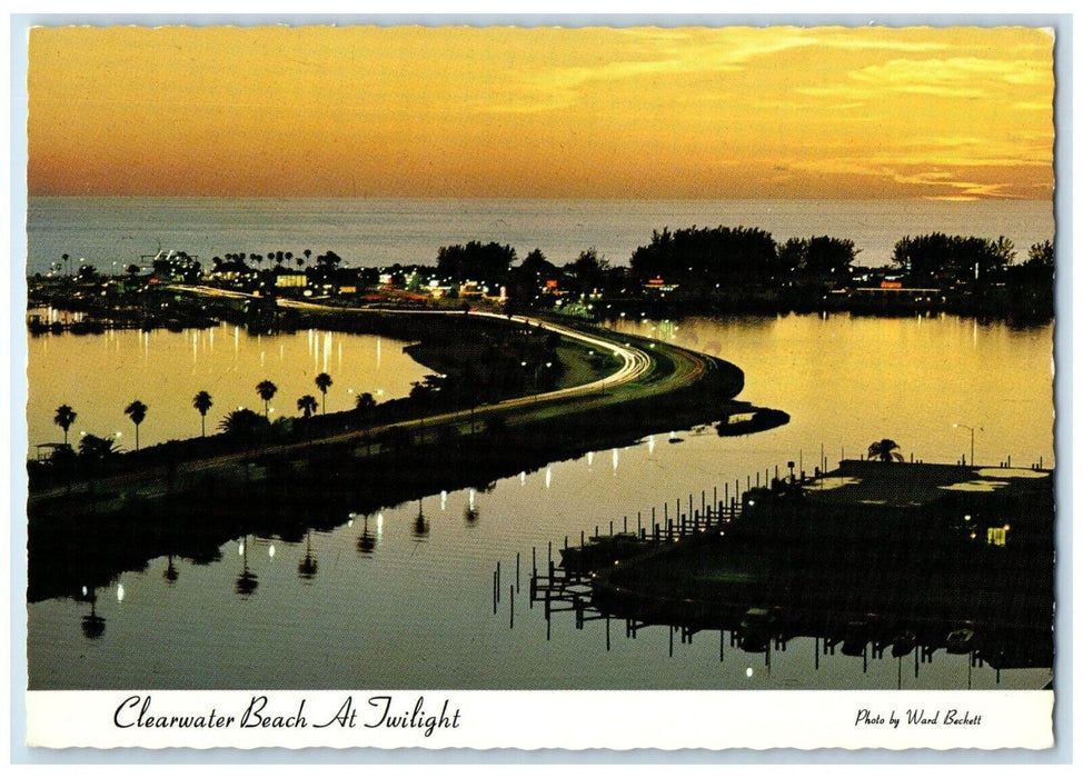 c1960 Clearwater Beach Twilight Memorial Gulf Mexico Causeway Florida Postcard