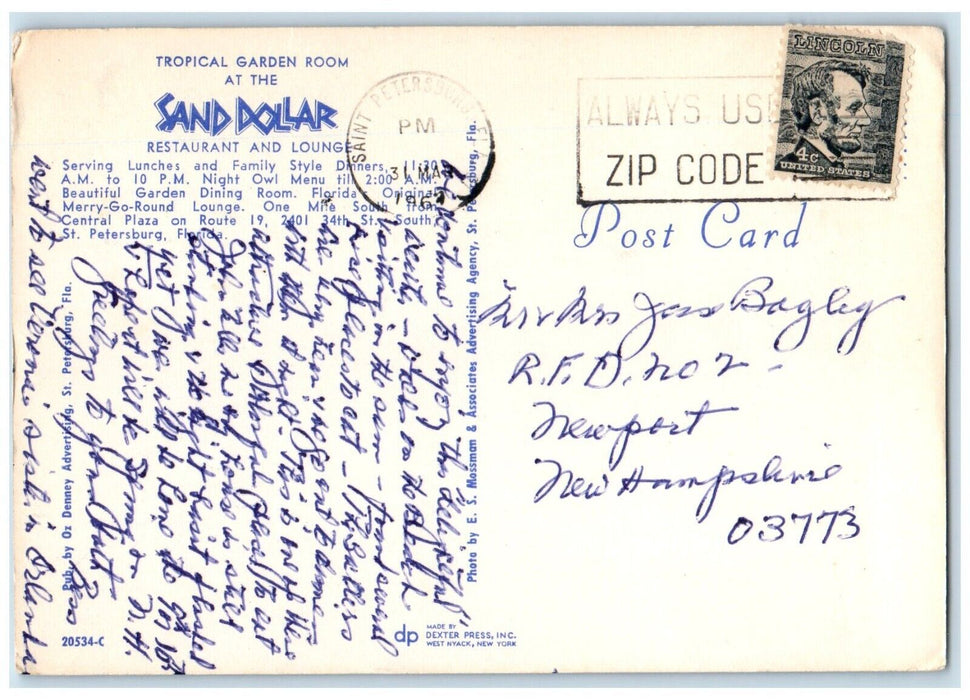 1967 Tropical Garden Room Sand Dollar Restaurant St. Petersburg Florida Postcard