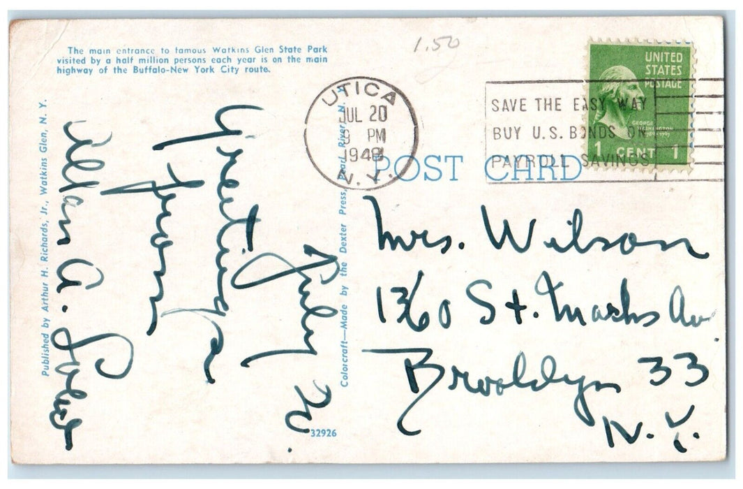 1948 Main Entrance Watkins Glen State Park Lake Region Central New York Postcard