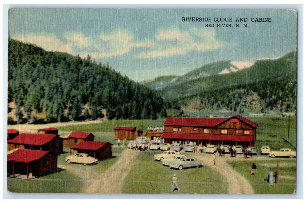 1953 Aerial View Riverside Lodge Cabins Red River New Mexico NM Vintage Postcard