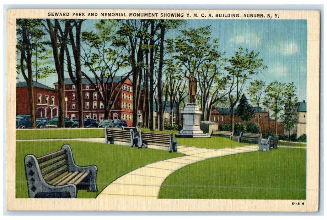 c1940 Seward Park Memorial Monument Showing Building Auburn New York NY Postcard