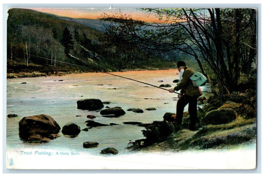 c1910 A Likely Spot Trout Fishing British Sports Photochrome Tuck Art Postcard